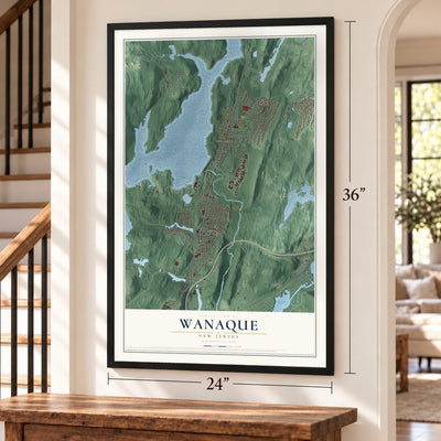 Wanaque, New Jersey map, 24 x 36 inch print in a black frame by a staircase