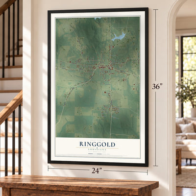 Ringgold, Louisiana map, 24 x 36 inch print in a black frame by a staircase