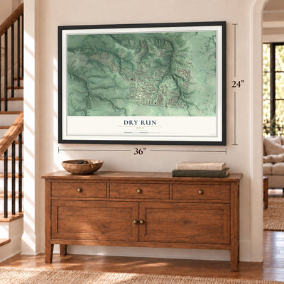 Dry Run, Ohio map, 24 x 36 inch print in a black frame above a dresser by a staircase