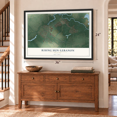 Rising Sun-Lebanon, Delaware map, 24 x 36 inch print in a black frame above a dresser by a staircase