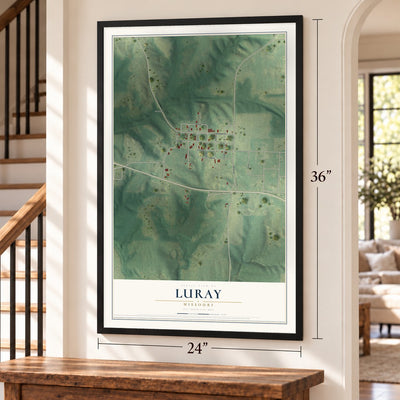 Luray, Missouri map, 24 x 36 inch print in a black frame by a staircase