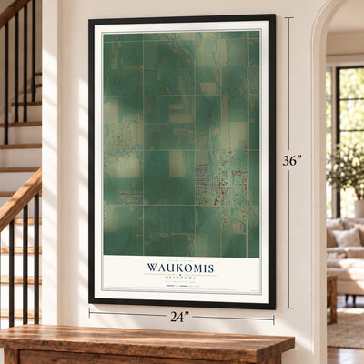 Waukomis, Oklahoma map, 24 x 36 inch print in a black frame by a staircase