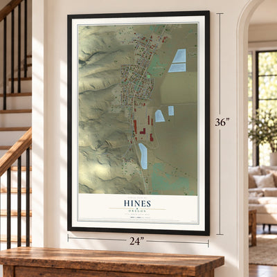 Hines, Oregon map, 24 x 36 inch print in a black frame by a staircase
