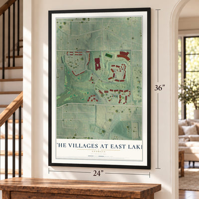 The Villages at East Lake, Georgia map, 24 x 36 inch print in a black frame by a staircase