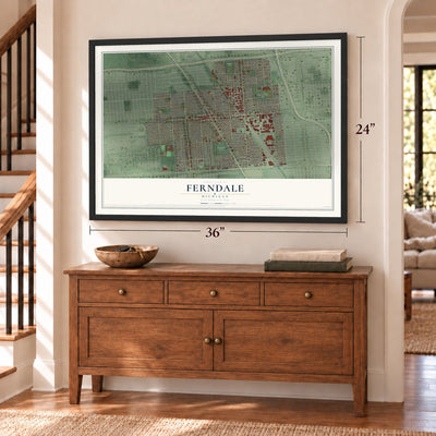 Ferndale, Michigan map, 24 x 36 inch print in a black frame above a dresser by a staircase