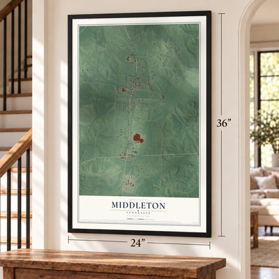 Middleton, Tennessee map, 24 x 36 inch print in a black frame by a staircase