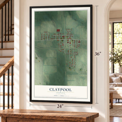 Claypool, Indiana map, 24 x 36 inch print in a black frame by a staircase