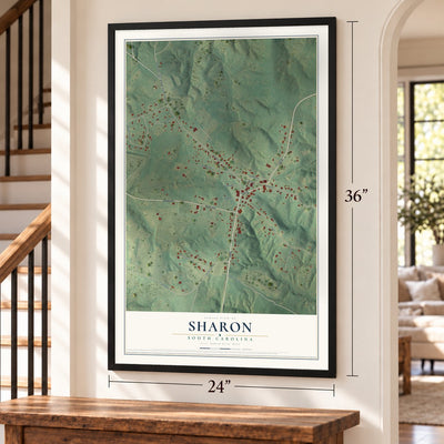Sharon, South Carolina map, 24 x 36 inch print in a black frame by a staircase