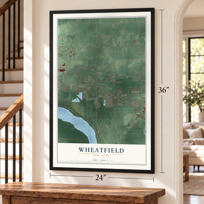 Wheatfield, New York map, 24 x 36 inch print in a black frame by a staircase