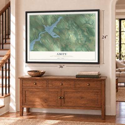 Amity, Erie County, Pennsylvania map, 24 x 36 inch print in a black frame above a dresser by a staircase