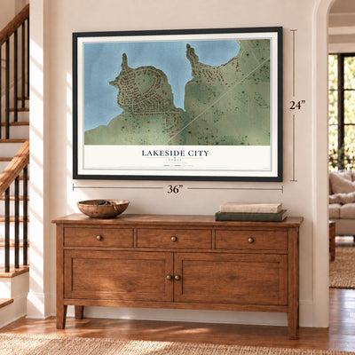 Lakeside City, Texas map, 24 x 36 inch print in a black frame above a dresser by a staircase
