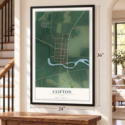Clifton, Ohio map, 24 x 36 inch print in a black frame by a staircase