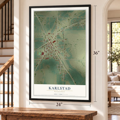 Karlstad, Minnesota map, 24 x 36 inch print in a black frame by a staircase