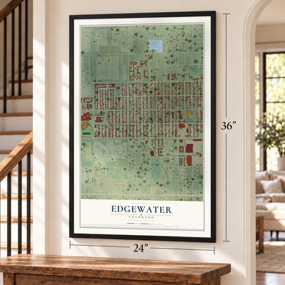 Edgewater, Colorado map, 24 x 36 inch print in a black frame by a staircase