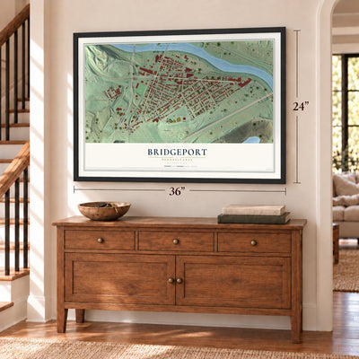 Bridgeport, Pennsylvania map, 24 x 36 inch print in a black frame above a dresser by a staircase