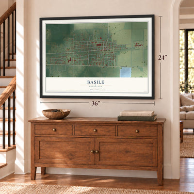Basile, Louisiana map, 24 x 36 inch print in a black frame above a dresser by a staircase