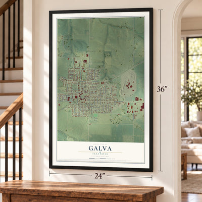 Galva, Illinois map, 24 x 36 inch print in a black frame by a staircase