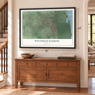Winthrop Harbor, Illinois map, 24 x 36 inch print in a black frame above a dresser by a staircase