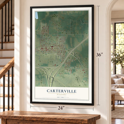 Carterville, Missouri map, 24 x 36 inch print in a black frame by a staircase