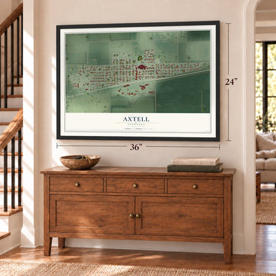Axtell, Nebraska map, 24 x 36 inch print in a black frame above a dresser by a staircase