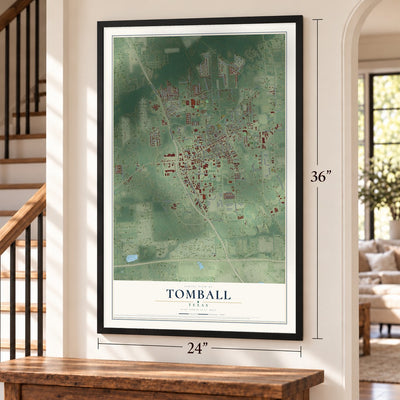 Tomball, Texas map, 24 x 36 inch print in a black frame by a staircase