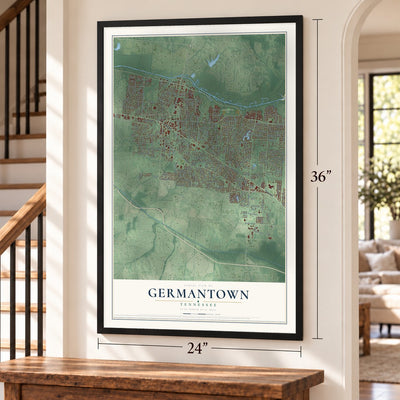 Germantown, Tennessee map, 24 x 36 inch print in a black frame by a staircase