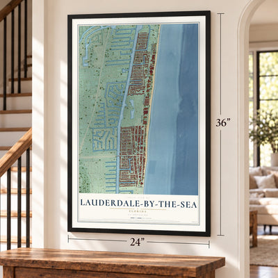 Lauderdale-by-the-Sea, Florida map, 24 x 36 inch print in a black frame by a staircase
