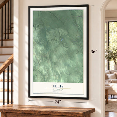 Ellis, Michigan map, 24 x 36 inch print in a black frame by a staircase