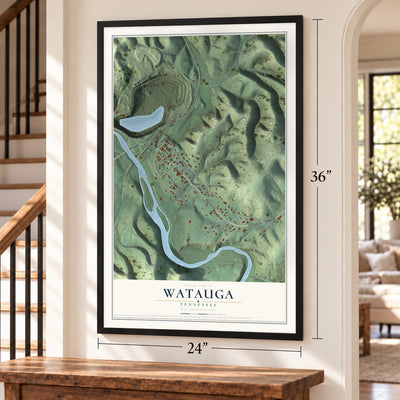 Watauga, Tennessee map, 24 x 36 inch print in a black frame by a staircase