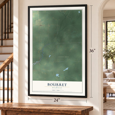 Bourret, Michigan map, 24 x 36 inch print in a black frame by a staircase