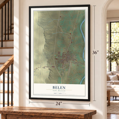 Belen, New Mexico map, 24 x 36 inch print in a black frame by a staircase