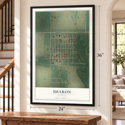 Sharon, Kansas map, 24 x 36 inch print in a black frame by a staircase