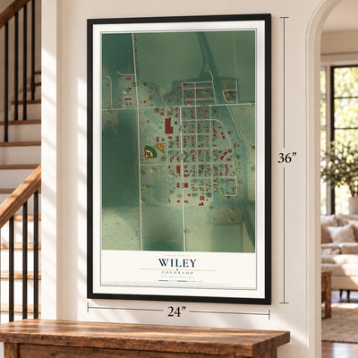 Wiley, Colorado map, 24 x 36 inch print in a black frame by a staircase
