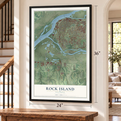 Rock Island, Illinois map, 24 x 36 inch print in a black frame by a staircase