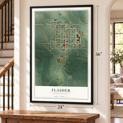 Flasher, North Dakota map, 24 x 36 inch print in a black frame by a staircase