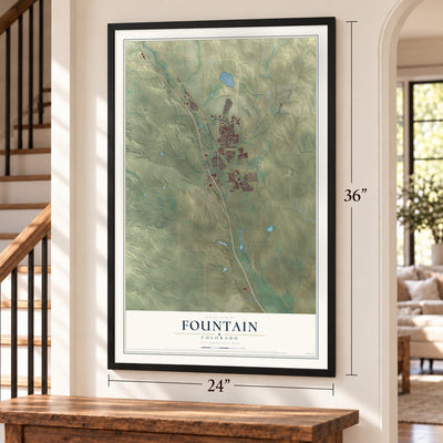 Fountain, Colorado map, 24 x 36 inch print in a black frame by a staircase