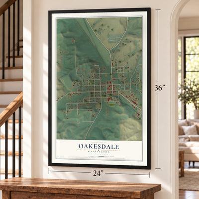 Oakesdale, Washington map, 24 x 36 inch print in a black frame by a staircase