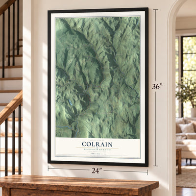 Colrain, Massachusetts map, 24 x 36 inch print in a black frame by a staircase