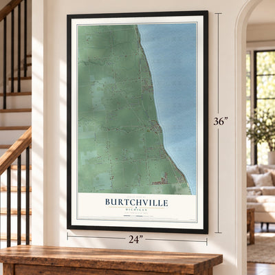 Burtchville, Michigan map, 24 x 36 inch print in a black frame by a staircase