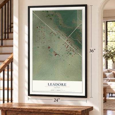 Leadore, Idaho map, 24 x 36 inch print in a black frame by a staircase