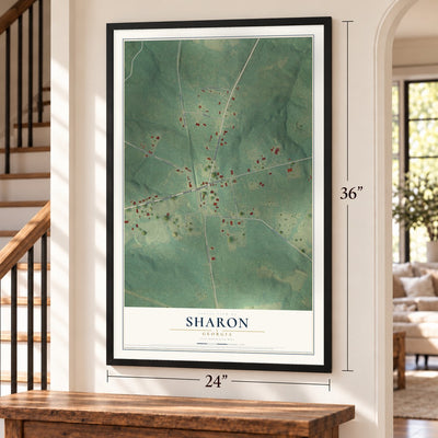 Sharon, Georgia map, 24 x 36 inch print in a black frame by a staircase
