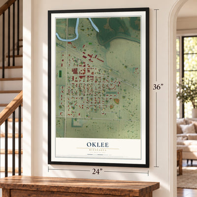 Oklee, Minnesota map, 24 x 36 inch print in a black frame by a staircase