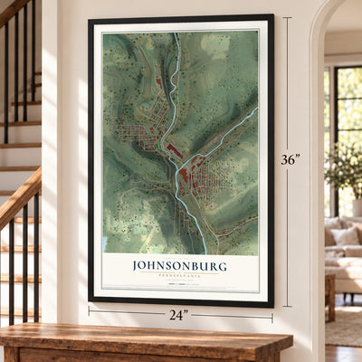 Johnsonburg, Pennsylvania map, 24 x 36 inch print in a black frame by a staircase