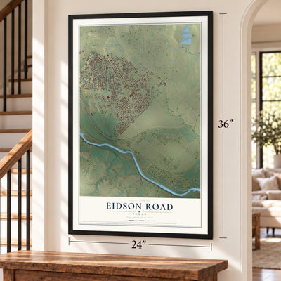 Eidson Road, Texas map, 24 x 36 inch print in a black frame by a staircase