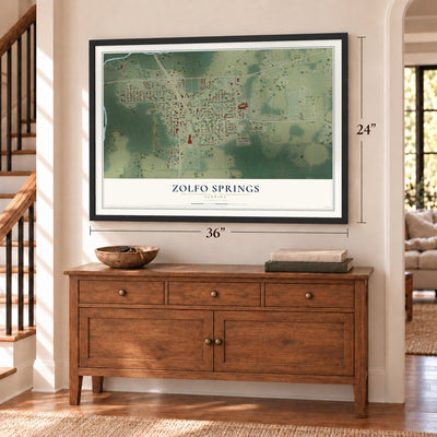 Zolfo Springs, Florida map, 24 x 36 inch print in a black frame above a dresser by a staircase