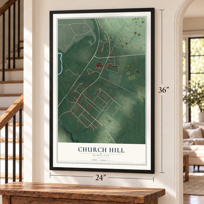 Church Hill, Maryland map, 24 x 36 inch print in a black frame by a staircase