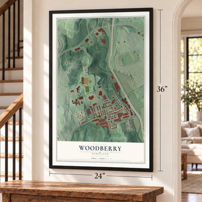 Woodberry, Maryland map, 24 x 36 inch print in a black frame by a staircase