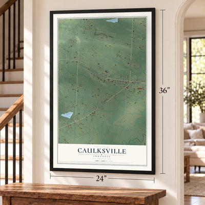 Caulksville, Arkansas map, 24 x 36 inch print in a black frame by a staircase