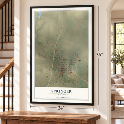 Springer, New Mexico map, 24 x 36 inch print in a black frame by a staircase