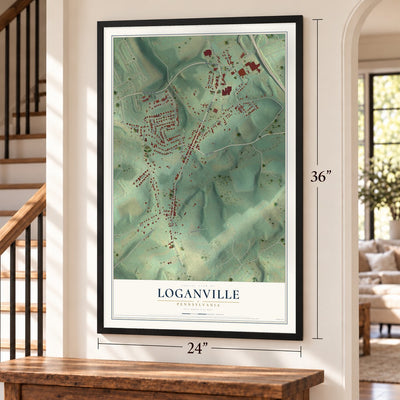 Loganville, Pennsylvania map, 24 x 36 inch print in a black frame by a staircase